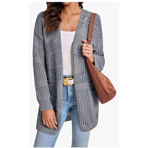 Grey Oversized Crochet Cardigan Women's Small | Boho Cozy Long‑Sleeve Layer - Picture 1 of 7
